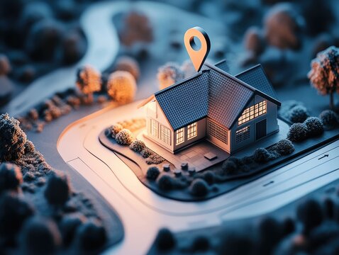 Miniature model home illuminated by a soft light, located on a stylized landscape map