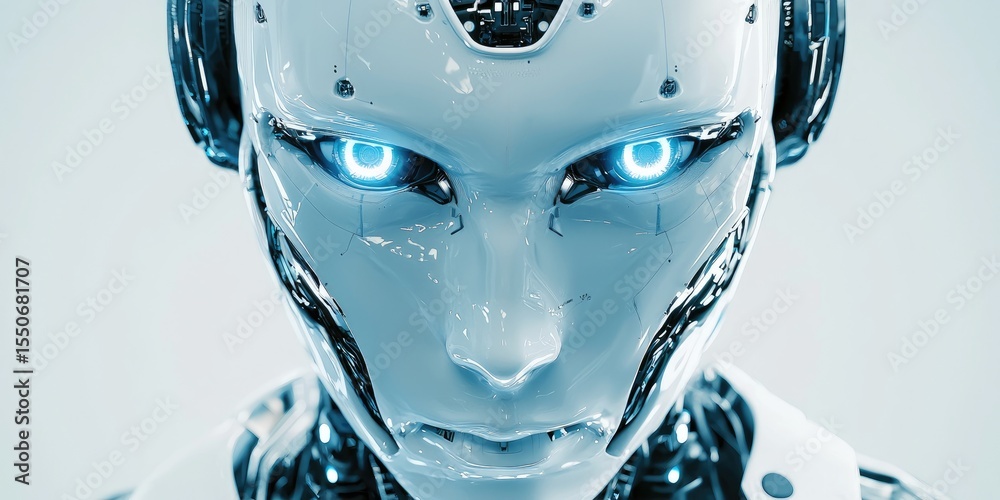 Poster high-resolution shot of a humanoid robot face with lifelike features and glowing eyes, perfect for f