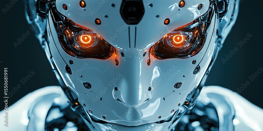 Poster High-resolution shot of a humanoid robot face with lifelike features and glowing eyes, perfect for futuristic robotics themes.