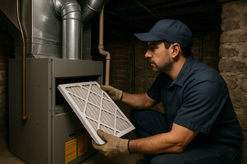 A technician in workwear replaces a furnace air filter in a dimly lit basement or utility room.HVAC technician checks furnace, filter, and air during maintenance. 