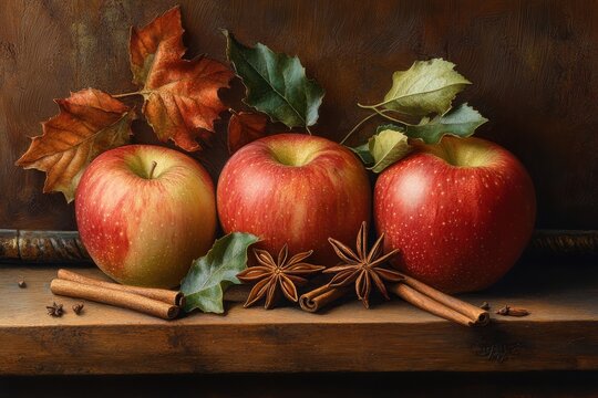 Red apples, sliced apple, cinnamon sticks, and star anise spices on a rustic dark surface