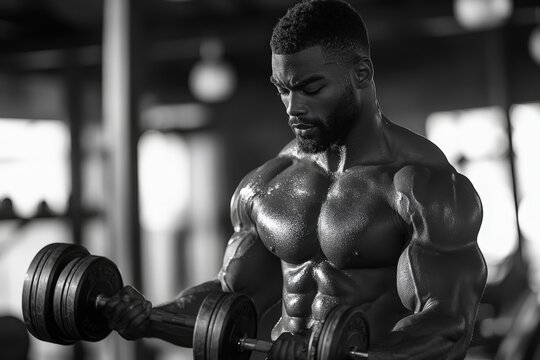 Portrait of african american bodybuilder lifting dumbbells in a gym for strength training and muscle growth, focused on weightlifting