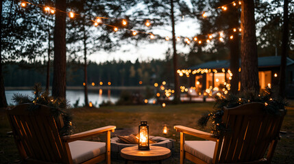 Cozy winter cabin evening with string lights and chairs by the lake