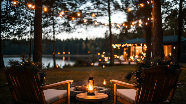 Cozy winter cabin evening with string lights and chairs by the lake