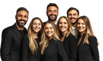 Group of diverse and smiling professionals in black suits on a neutral background, showcasing teamwork, confidence, and positive energy in a corporate setting