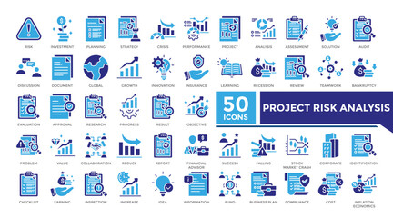 Project risk analysis icon solid two color set collection. his set includes risk, investment, strategy, inflation economics, stock market and more icon in solid style. Icons collection for infographic