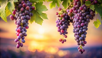 Sunset Vines Abundant Clusters of Ripe Purple Grapes Hanging from Lush Green Leaves at Golden Hour