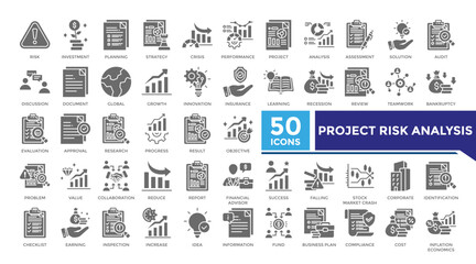 Project risk analysis solid icon set collection. This set includes risk, investment, strategy, inflation economics, stock market and more icon in solid style. Vector icons collection for infographics