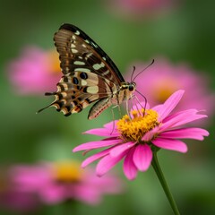Obraz premium Brown Butterfly on Pink Zinnia Flower Close Up