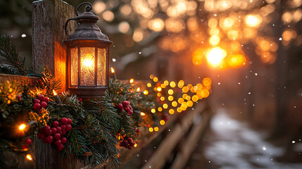 Warm Christmas lights and lantern on rustic fence, peaceful winter evening scene