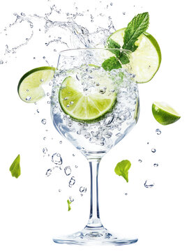 Gin and Tonic Splash - Clear gin and tonic in a cocktail glass with dynamic splash on transparent background

