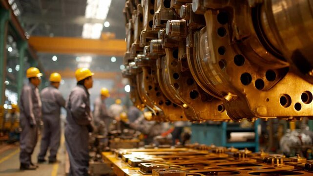 Skilled engineers are carefully inspecting large, newly manufactured marine engine components in a bustling factory setting, ensuring quality and precision