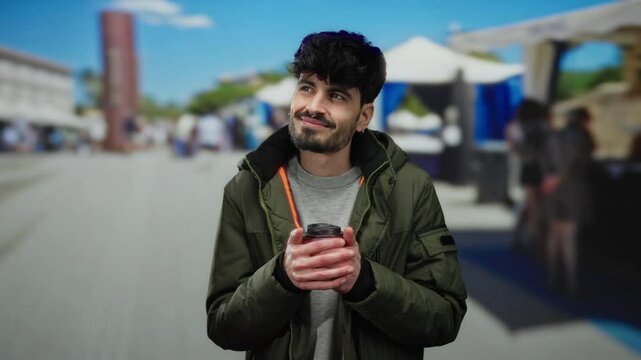 Young man smiling with coffee cup in hands standing at outdoor market street under a clear blue sky, wearing a green jacket, capturing a relaxed and happy moment in a vibrant urban setting.