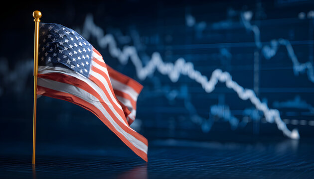 Us flag with declining stock graph symbolizes economic recession and stagnation