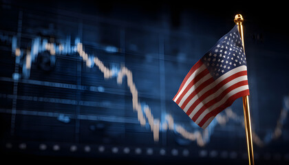 Us flag with declining stock graph symbolizes economic recession and stagnation