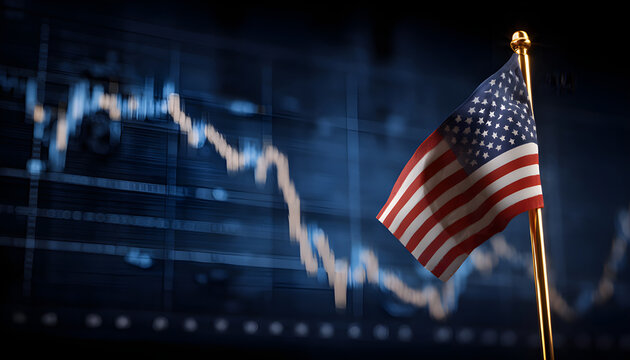 Us flag with declining stock graph symbolizes economic recession and stagnation