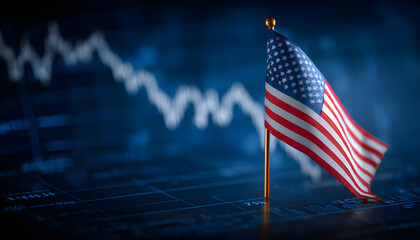 Us flag with declining stock graph symbolizes economic recession and stagnation