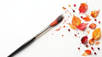 Fototapeta premium Autumn leaves and paintbrush on white (1)