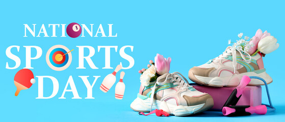 Obraz premium Stylish sneakers with spring flowers and sports equipment on color background