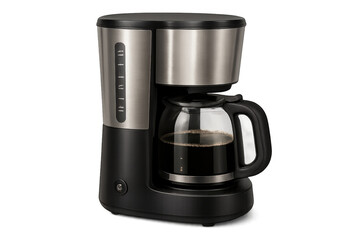 Black and silver coffee machine brewing a full pot of fresh coffee, isolated on transparent background