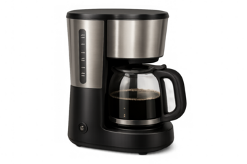 Black and silver coffee machine brewing a full pot of fresh coffee, isolated on transparent background