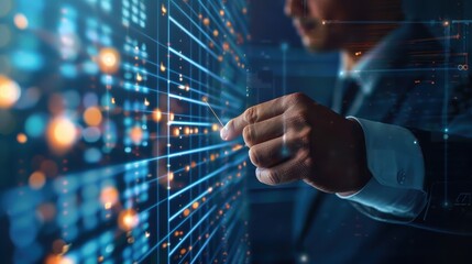 A man pointing at a screen with a digital interface