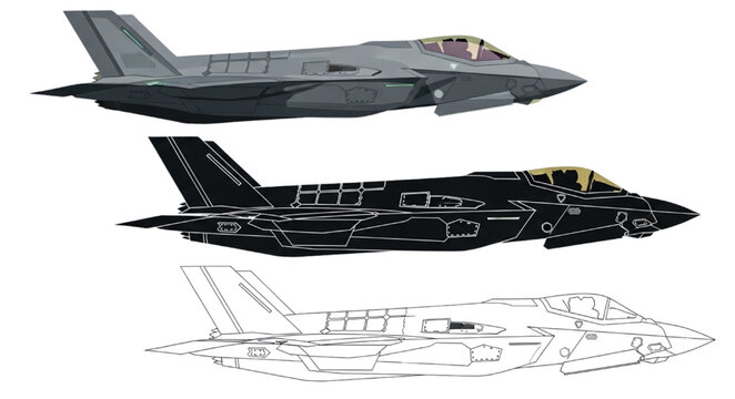 F-35 Lightning II Stealth Jet: Trio of Side Profile Illustrations in Realistic Color, Silhouette, and Line Art Styles on White Background


