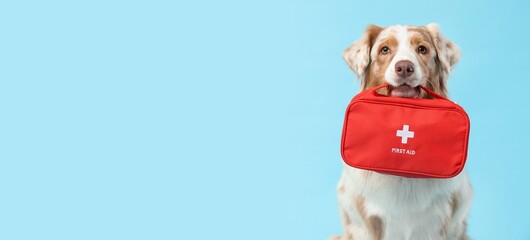 Cute  dog with first aid kit on blue background with space for text