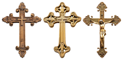 PNG Ornate gold crosses with intricate designs, element set on transparent background
