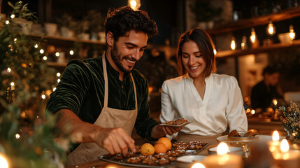 Happy Couple Decorating Holiday Cookies Together in Cozy Festive Kitchen