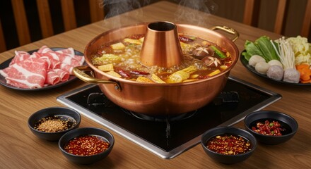 Copper Hot Pot with Simmering Broth and Fresh Ingredients