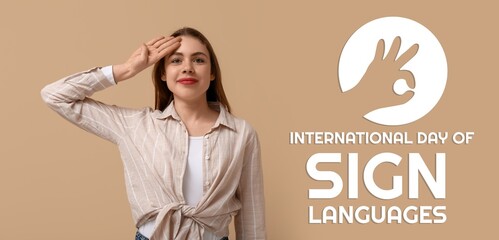 Young deaf mute woman on brown background. Banner for International Day of Sign Languages