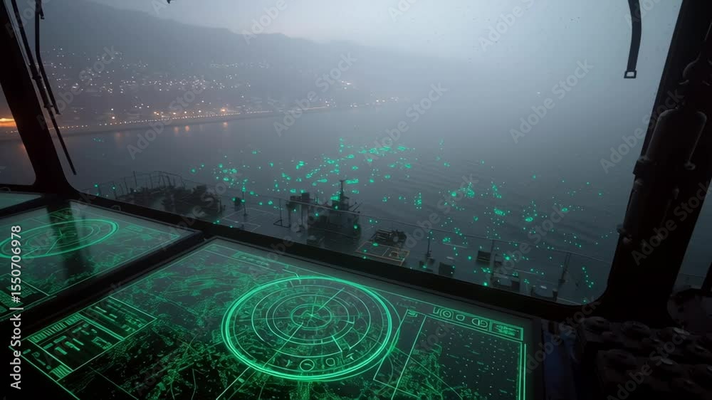 Poster futuristic navigation system displaying marine traffic data on multiple holographic screens inside c