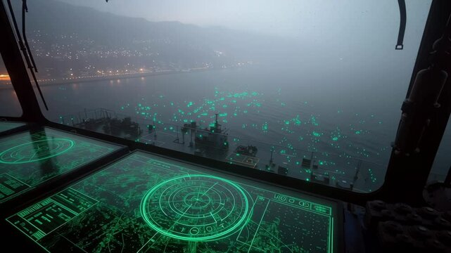 Futuristic navigation system displaying marine traffic data on multiple holographic screens inside control bridge overlooking foggy bay at dusk, enhancing maritime safety and efficiency
