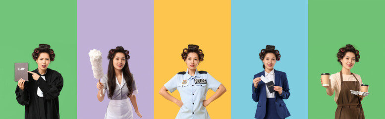 Set of funny Asian woman with hair curlers on color background