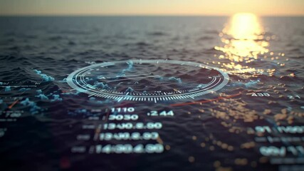 Futuristic digital holographic navigational chart floating over a dark ocean, reflecting a shimmering sunset and showcasing advanced maritime navigation technology - Powered by Adobe