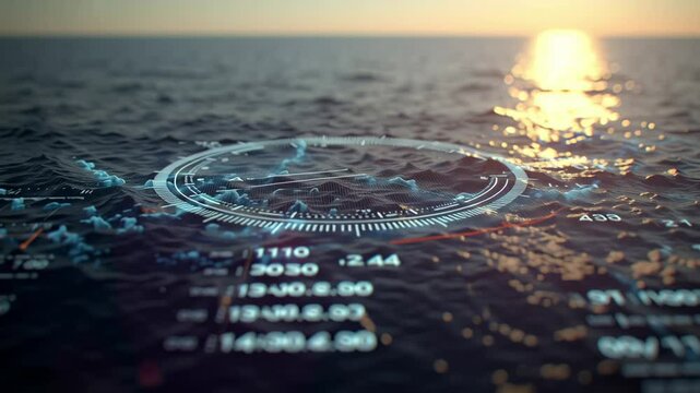 Futuristic digital holographic navigational chart floating over a dark ocean, reflecting a shimmering sunset and showcasing advanced maritime navigation technology