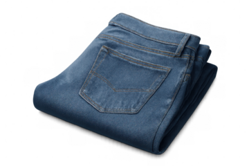 Close-up of folded blue jeans, showcasing their texture and stitching, isolated on a transparent background