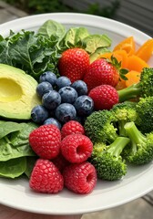 Colorful Assortment of Fresh Fruits and Vegetables on a Plate