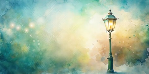 A Single Illuminated Lamppost on a Soft Watercolor Background with Glowing Lights