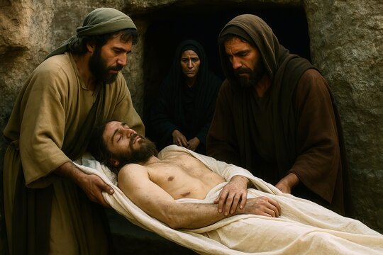 Disciples laying Jesus Christ in the tomb after crucifixion