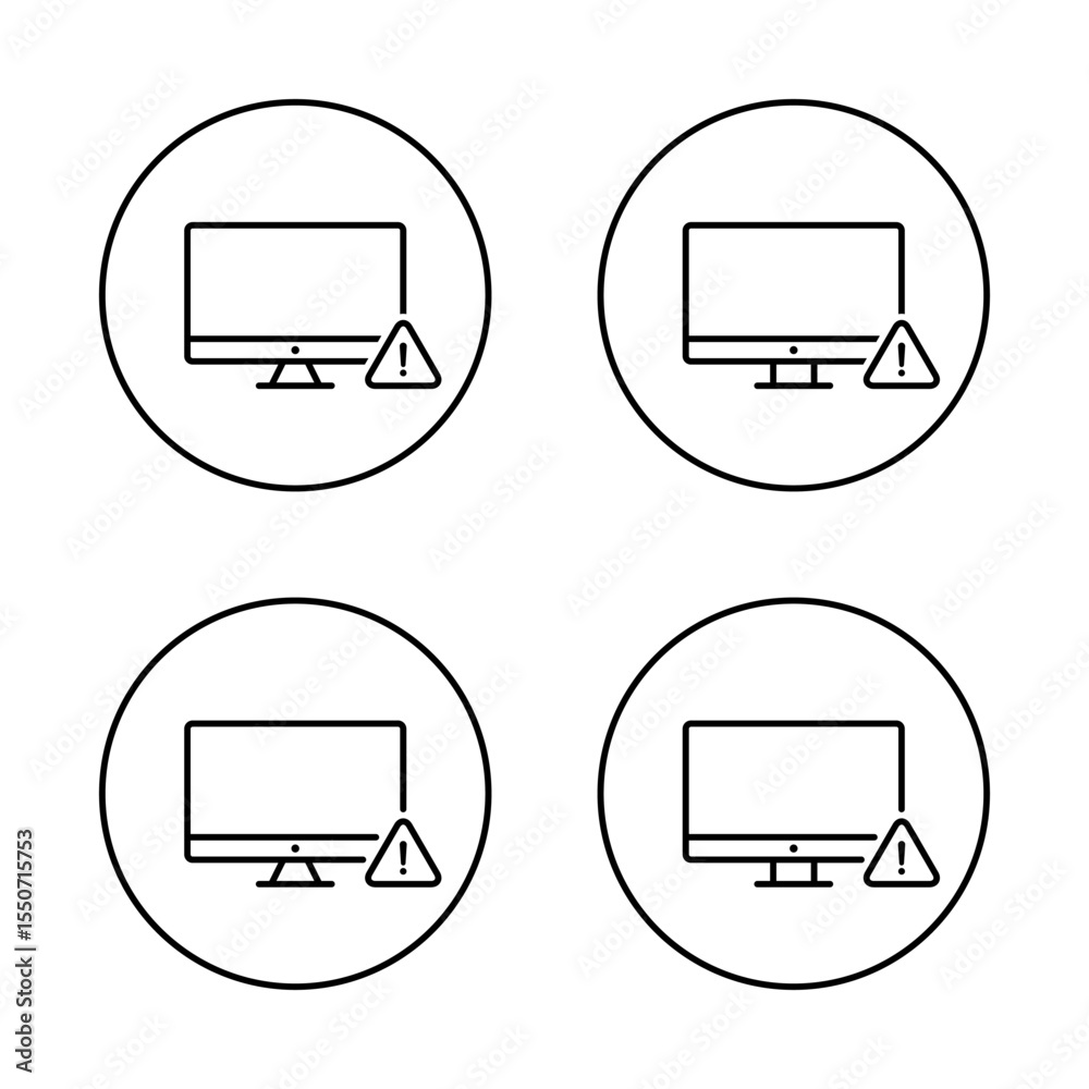 Poster computer error icon set. warning sign on pc screen symbol on circle line