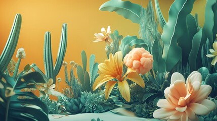 Vibrant Tropical Cactus Flower Garden Illustration