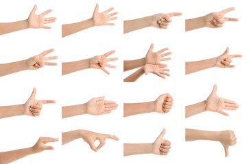 Collage of gesturing children's hands on white background