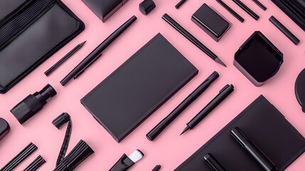 Black Stationery and Makeup Flatlay Pink Background