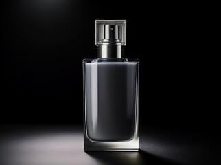 A modern gray perfume bottle standing upright on a solid black background. Soft top lighting enhances the smooth matte or glossy surface, creating a clean, minimal, and elegant look. The scene is comp