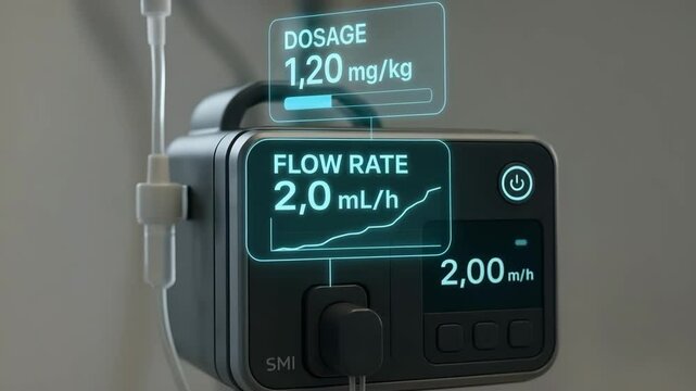A compact infusion pump projects holographic dosage and flow rate charts beside an iv line. Concept of smart hospital automation.