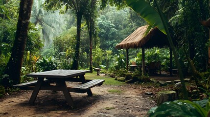 Obraz premium Lush Rainforest Picnic Area Wooden Table