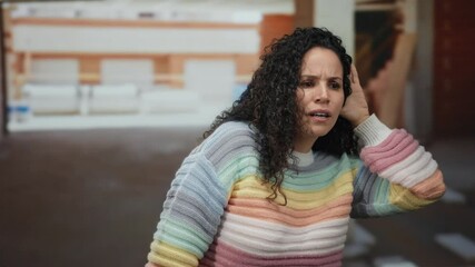 Hispanic woman indoors at a construction site wearing a colorful sweater, expressing curiosity while listening carefully in a partially built house.
