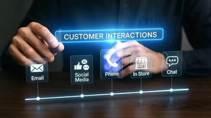 A businessman selects a glowing phone icon on an illuminated customer interactions timeline of email social media chat and store. Concept of omnichannel engagement strategy.